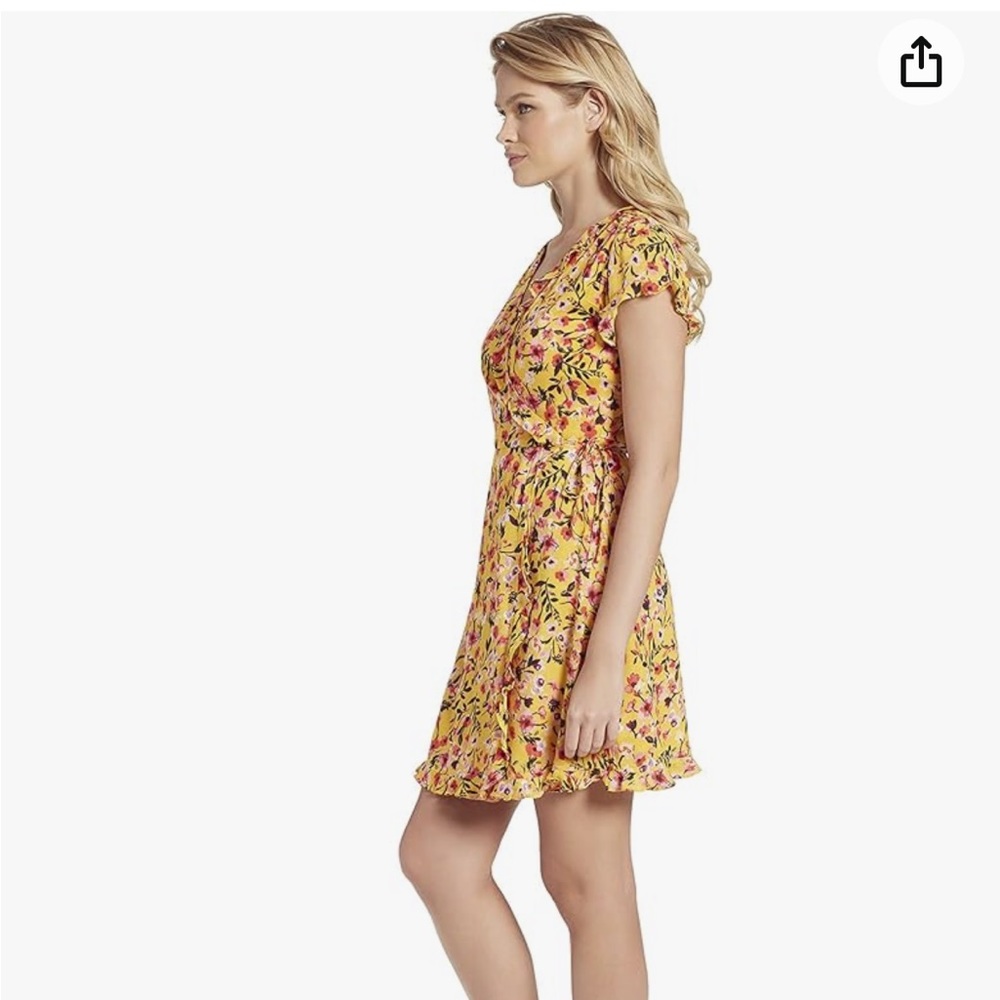 Jessica Simpson Women's Sade Ruffle Trim Wrap Dress, Golden Rod Acrylic Floral - Picture 2 of 4